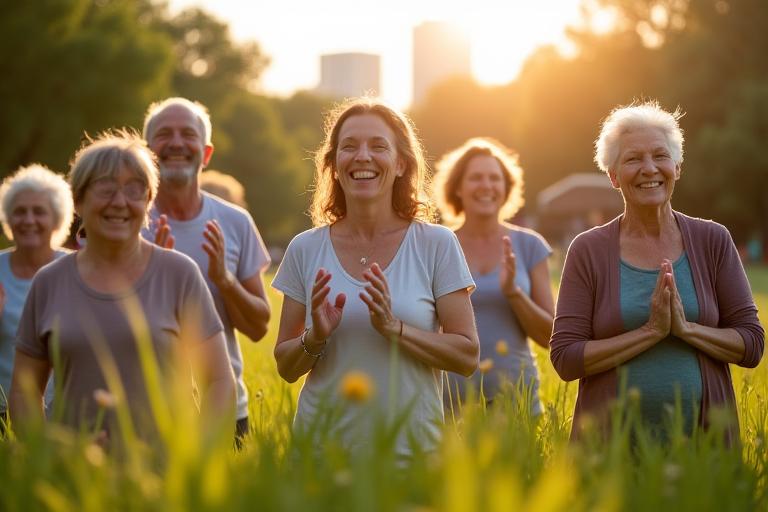 A diverse group of adults participating in an outdoor wellness workshop in Austin's Zilker Park, led by a Verdant Bloom Collective expert. 