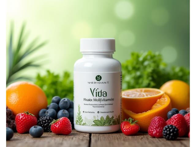 Premium multivitamin bottle with vibrant fruit and vegetable illustrations