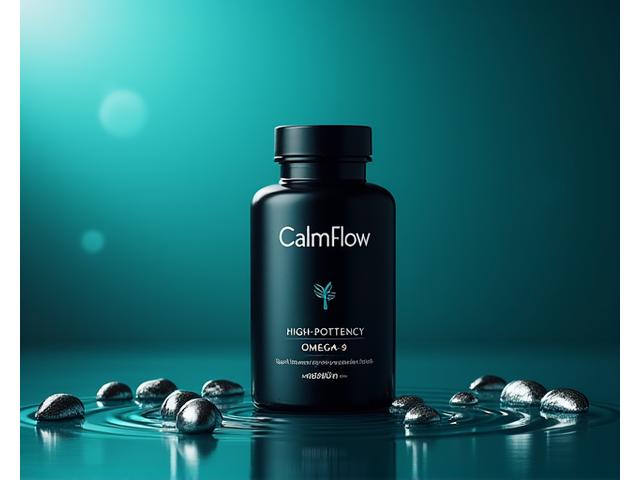 Bottle of high-potency Omega-3 fish oil, with calm blue background