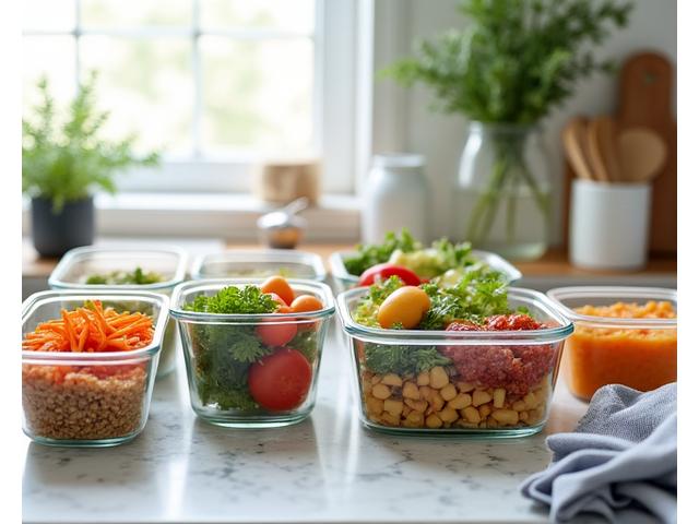 A thoughtfully prepared and portioned week's worth of healthy meals in glass containers, neatly arranged on a kitchen counter, symbolizing efficient longevity meal planning.