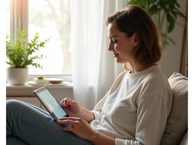 Woman thoughtfully engaging with an online health assessment on a tablet, surrounded by subtle healthy lifestyle elements like a plant or a glass of water.