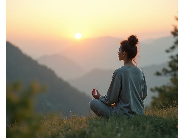 A serene person meditating in a peaceful, sunlit natural setting, conveying mental clarity and stress relief. Soft, calming colors.