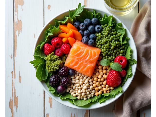 A vibrant bowl of fresh, colorful vegetables and fruits, artfully arranged, representing healthy nutrition and metabolic balance for adults 35+.