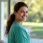 Portrait of Dr. Sofia Benitez, a dynamic female physiotherapist in her late 30s.