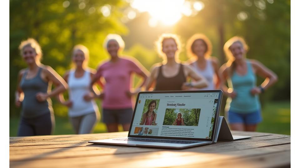 A diverse group of adults in their late 30s to 50s engaging in light exercise and healthy activities outdoors, bathed in natural sunlight. Foreground features a digital tablet displaying Verdant Bloom Collective's latest health blog article, symbolizing accessible knowledge.