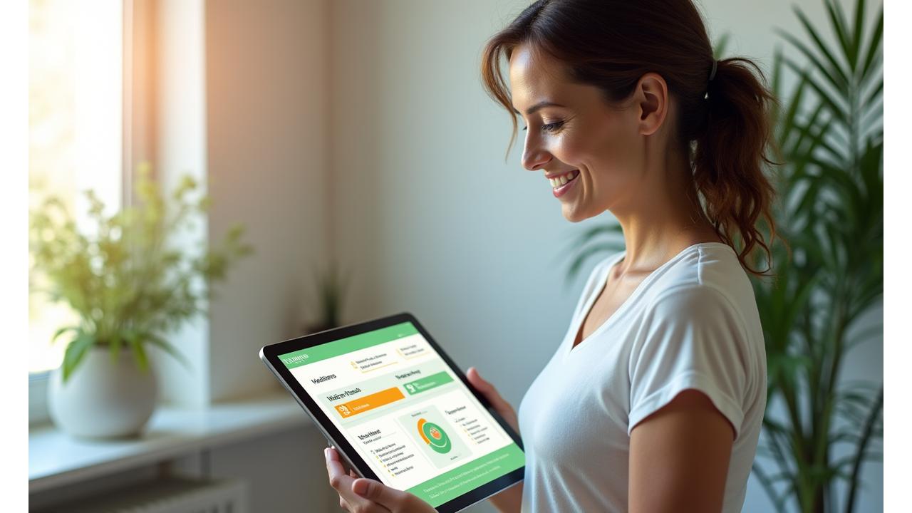 Woman viewing a vibrant, interactive wellness module on a tablet, demonstrating easy-to-follow steps for healthy living. Soft, natural lighting.