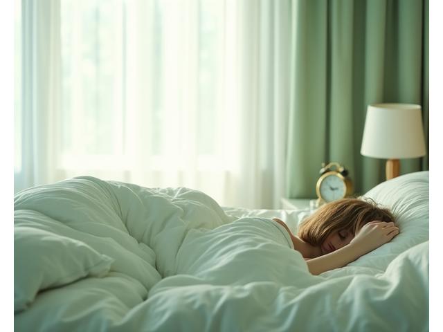 Calm bedroom scene with a person sleeping soundly, morning light filtering in. Emphasizes restful sleep and recovery.