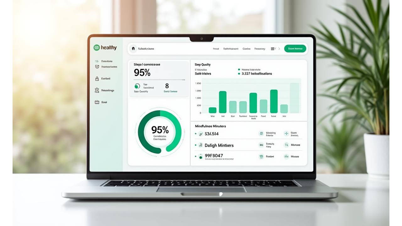 A dashboard display on a laptop showing various health metrics: sleep quality, steps, hydration, and mindfulness minutes, all with green checkmarks or upward trends, indicating progress and success.