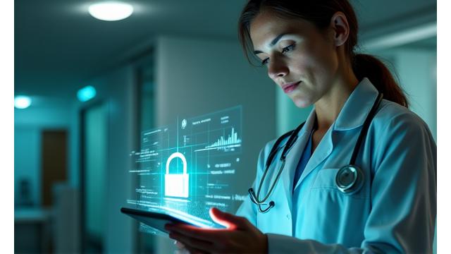 Healthcare professional reviewing sensitive health data on a secure digital console, emphasizing HIPAA compliance.