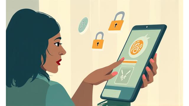 Illustration of a person interacting with a secure personal data interface on a tablet, with biometric authentication symbols.