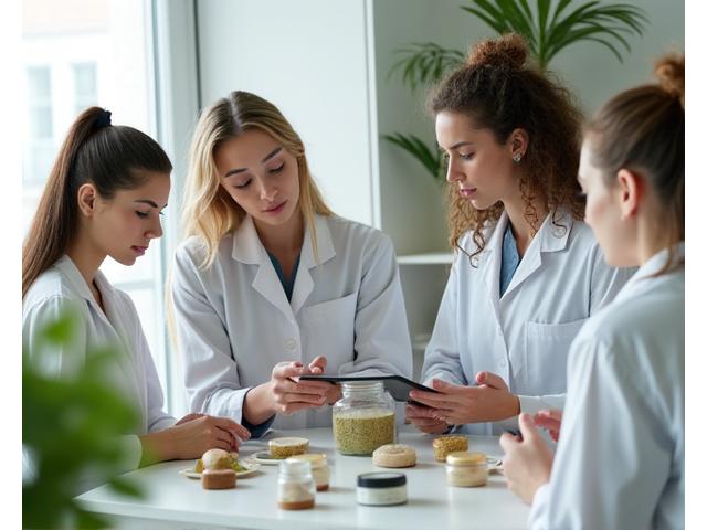 A diverse team of health and wellness experts – including a nutritionist, a functional medicine practitioner, and a herbalist – collaboratively examining wellness products in a bright, modern office setting.