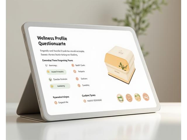 A digital interface illustrating a wellness profile questionnaire with options for dietary restrictions, health goals like 'stress relief' and 'immune support', and preferred product categories.