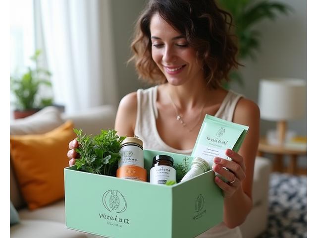 A woman gracefully unboxing the Verdant Bloom Collective wellness subscription box, revealing thoughtfully arranged health products nestled in eco-friendly packaging.
