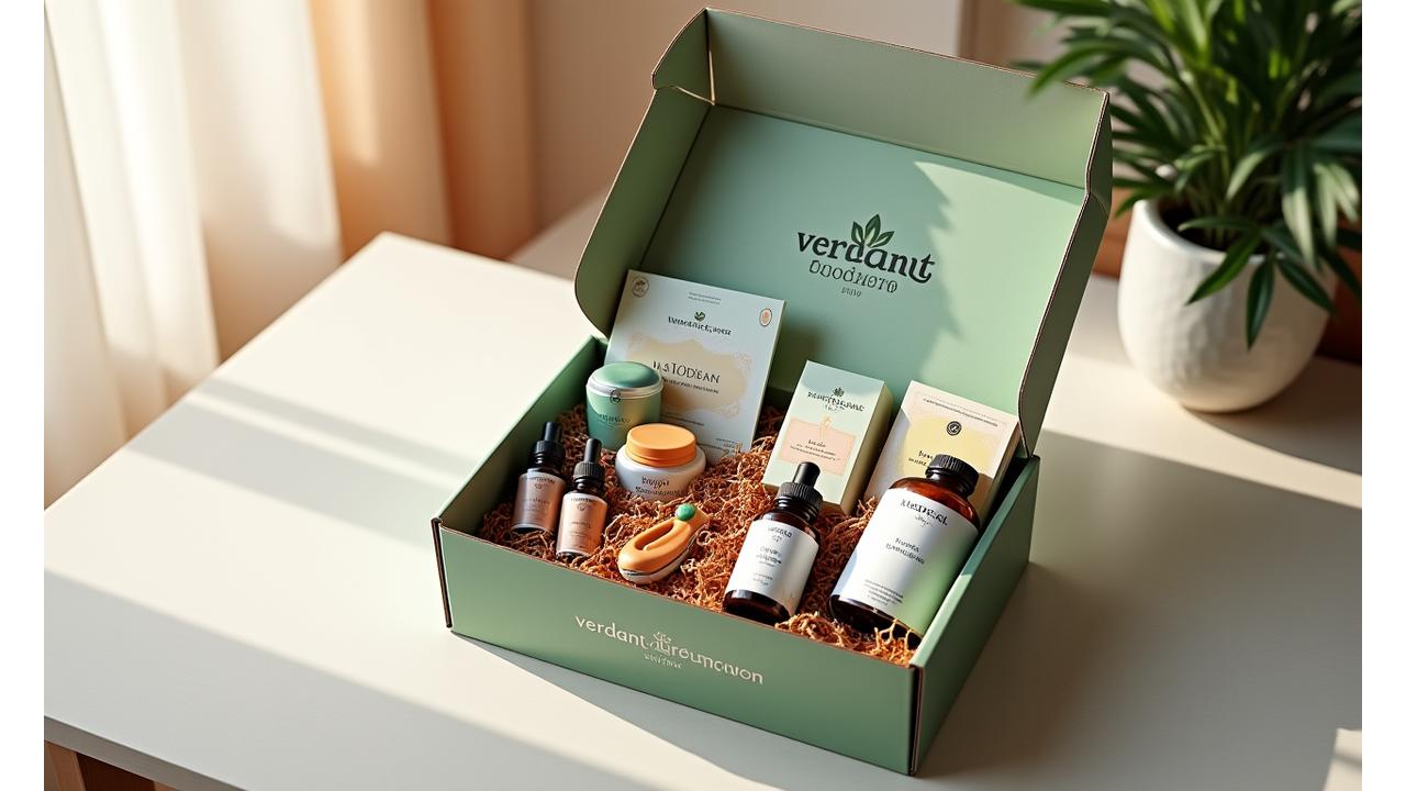 Open Verdant Bloom Collective wellness subscription box overflowing with natural health products like supplements, teas, and essential oils, set on a light wooden table.