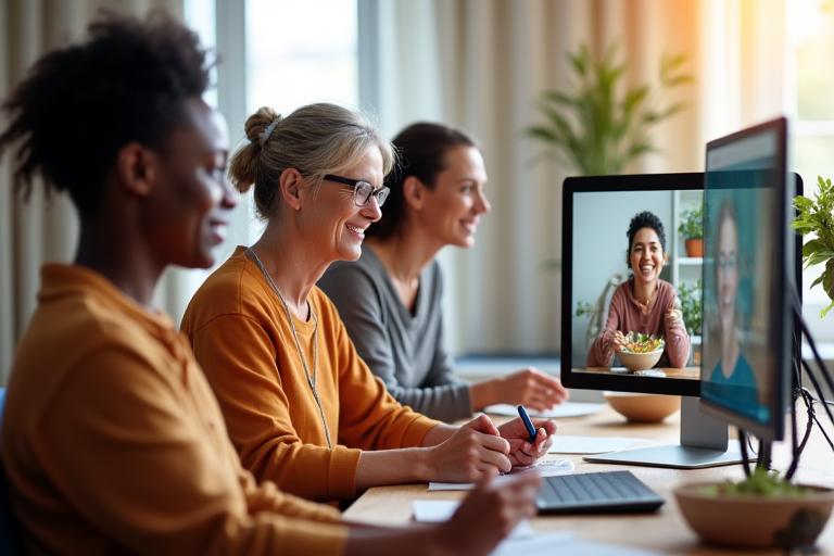 A diverse group of adults engaging animatedly in a live online workshop, with a clear video call interface visible, showing hands-on activity and active discussion.