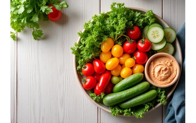 A vibrant platter with fresh, colorful vegetables and lean protein, representing healthy cooking.