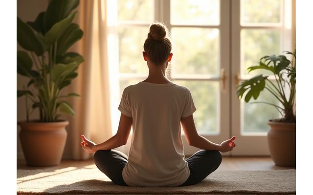 A serene person practicing meditation amidst soft, natural light, symbolizing stress management.