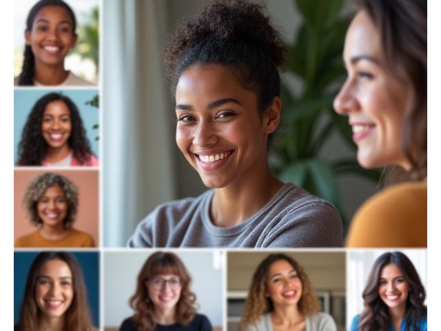 A vibrant online community of midlife women engaging in a video call or forum, expressing camaraderie and shared experiences, illustrating strong peer support.