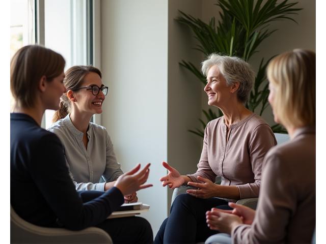 A confident, professional female coach in her 50s engaging with a client in a modern, light-filled office, symbolizing expert guidance and personalized midlife growth strategies.