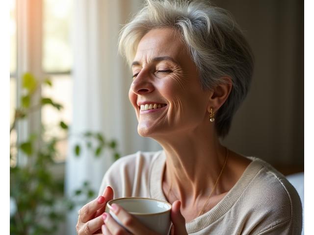 A woman in her late 40s or early 50s looking calm and serene, surrounded by soft, natural elements and light, symbolizing balance and wellness during hormonal transition.