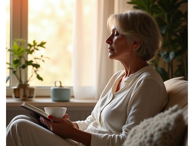 A serene woman aged 45-55, practicing mindfulness or meditation in a tranquil, sunlit space, conveying peace and inner strength amidst midlife transitions.