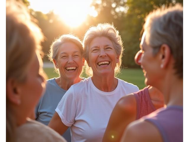 A diverse group of cheerful women in their 40s and 50s, smiling and supporting each other in a bright, natural setting, symbolizing community and vitality after 40.